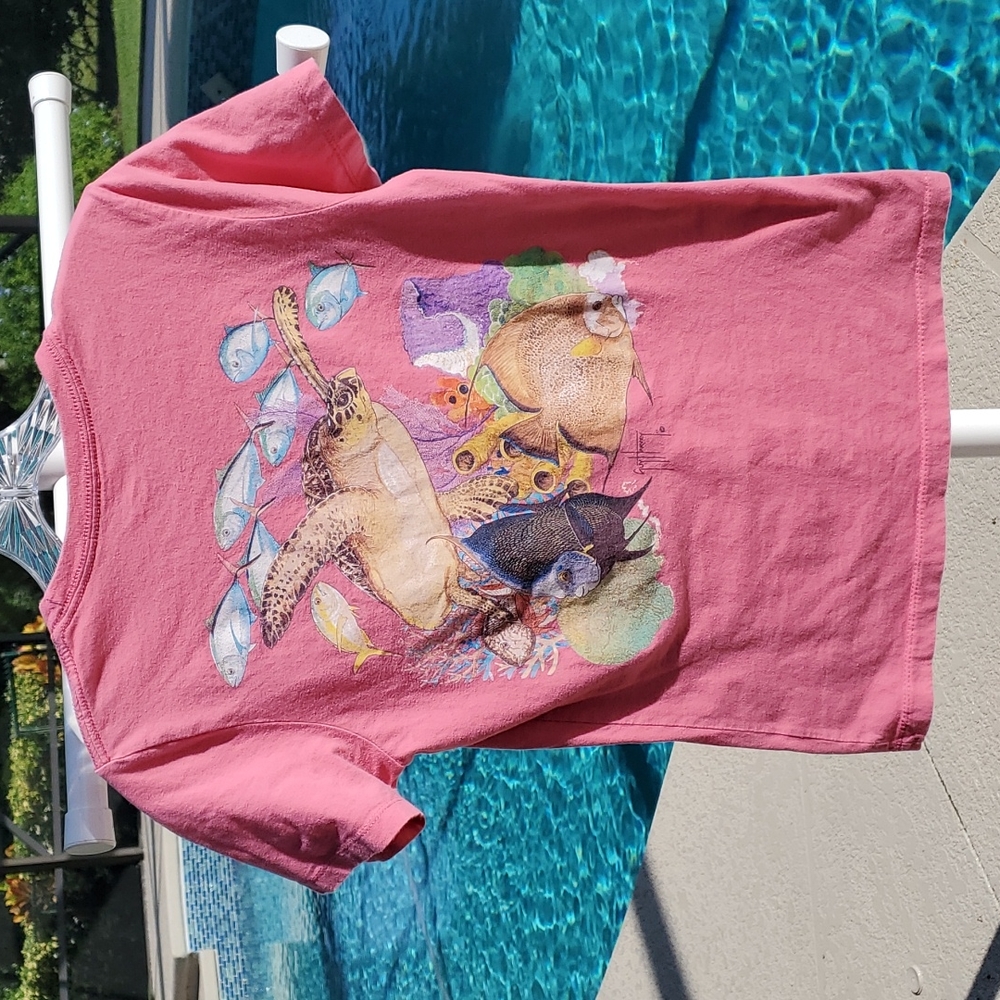 Guy Harvey Pink Short Sleeve Tee with Sea Turtle & Reef Print
